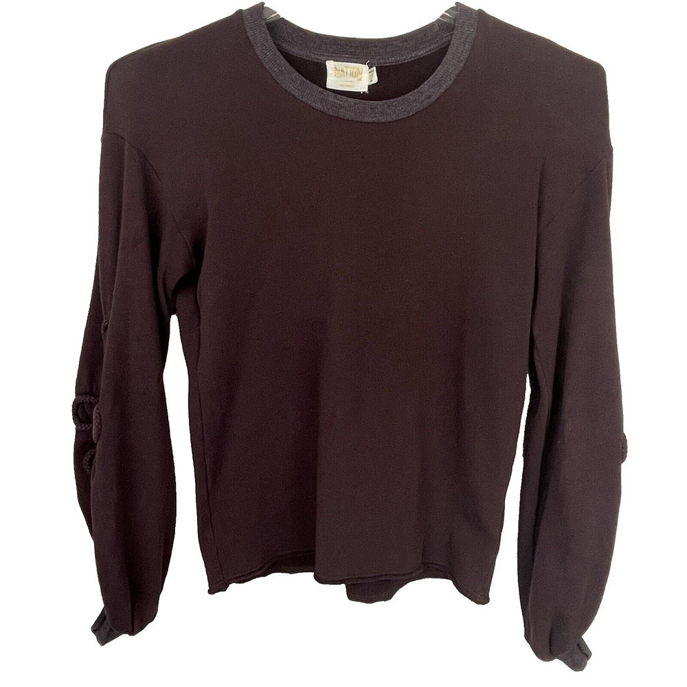 Nation LTD French Terry Sweatshirt Womens XS Mocha Balloon Sleeve Applique Boho